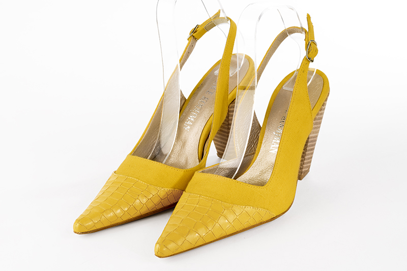 Yellow women's slingback shoes. Pointed toe. High cone heels. Front view - Florence KOOIJMAN